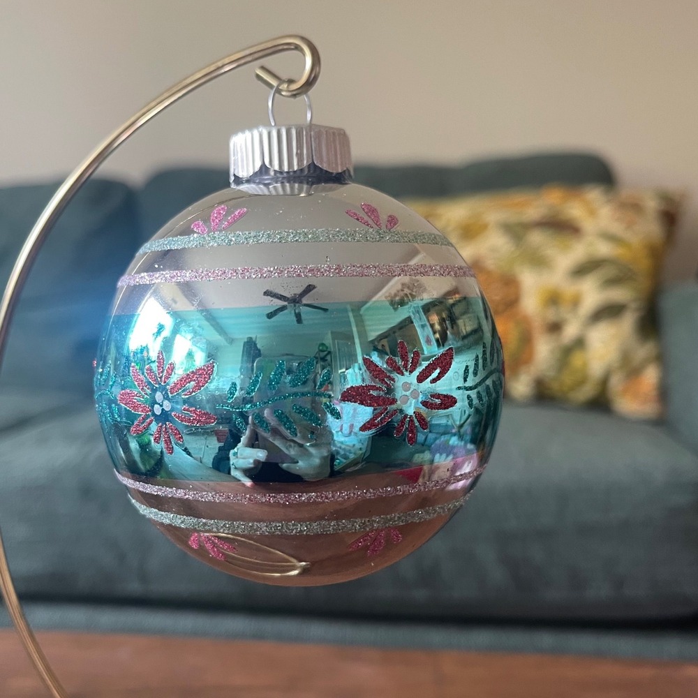Radko Shiny Brite Glitter Striped Ornament poinsettia Ball Pink Teal blue red XL
